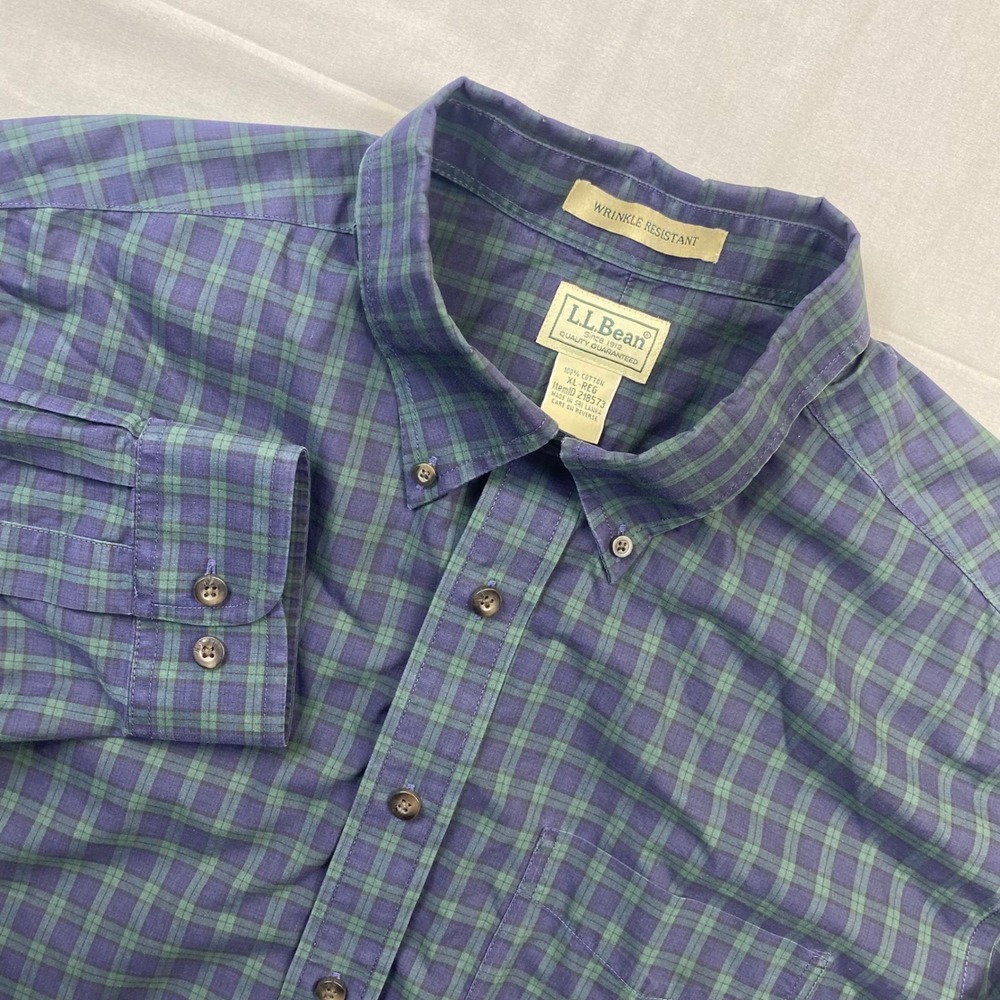 LL Bean Mens XL Regular Wrinkle Resistant Cotton Plaid Button Down Shirt Navy